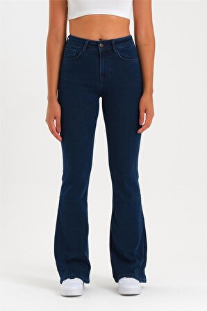 Kadın Lacivert Likralı Yüksek Bel Flare Jeans