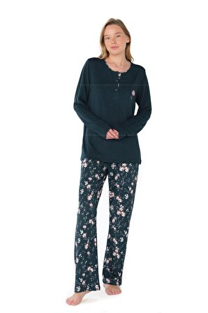 Kadın Klasik Çicek Desenli Büyük Beden Pijama Takımı