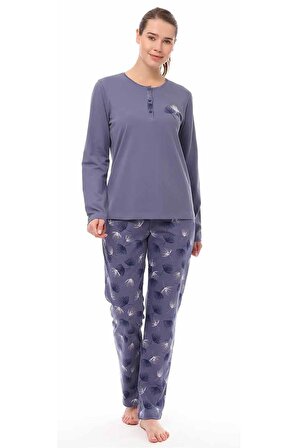 Kadın Yakası Düğmeli Desenli Pijama Takımı