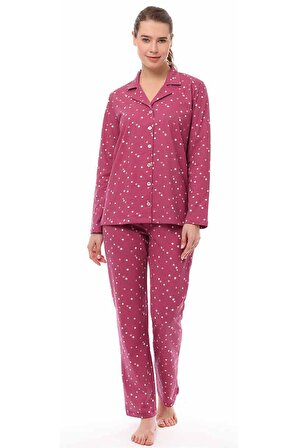 Kadın Gömlek Model Düğmeli Desenli Pijama Takımı