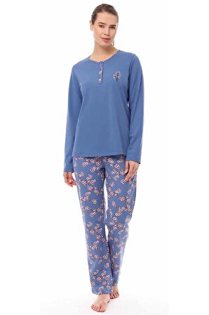 Kadın Yakası Düğmeli Çiçek Desenli Pijama Takımı