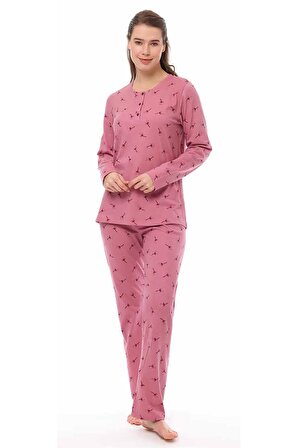 Kadın Yakası Düğmeli Desenli Pijama Takımı