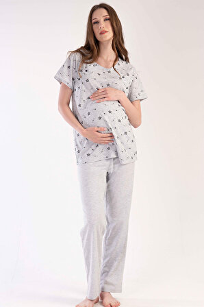Kadın Gri Pamuklu Çift Düğmeli Kısa Kol Eteği Oval Hamile Pijama Takımı