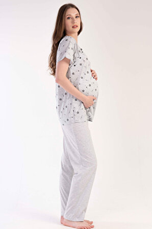 Kadın Gri Pamuklu Çift Düğmeli Kısa Kol Eteği Oval Hamile Pijama Takımı