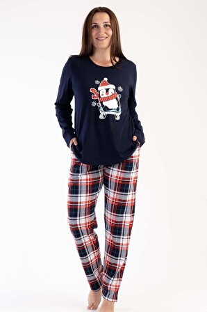 Kadın Lacivert Pamuklu Büyük Beden Uzun Kol Pijama Takım