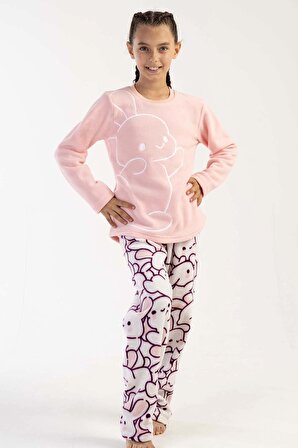 Kız Çocuk Pembe Polar O Yaka Uzun Kol Eteği Oval Pijama Takımı