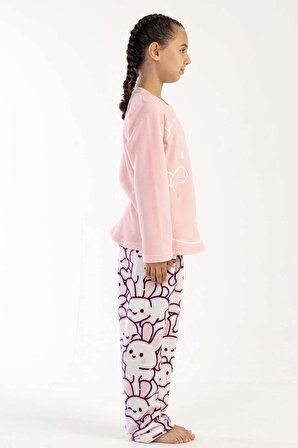 Kız Çocuk Pembe Polar O Yaka Uzun Kol Eteği Oval Pijama Takımı