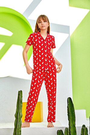Kız Çocuk Kırmızı Fil Desenli Gömlek Yaka Pijama Takımı