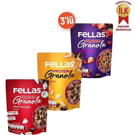 Granola 3'lü -Protein Bar Parçacıklı-Hindistan Cevizli 270g Kırmızı Meyveli 270g+Yer Fıstıklı 270g