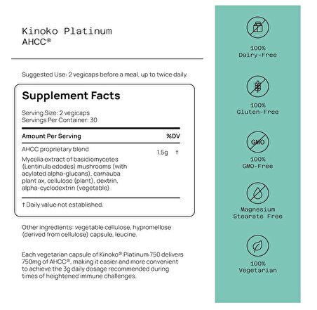 Premium Kinoko Platinum AHCC 750 mg 60 Kapsül