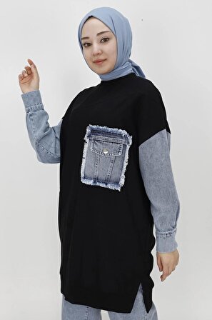 Puane Kot Cep Detaylı İki İplik Sweatshirt