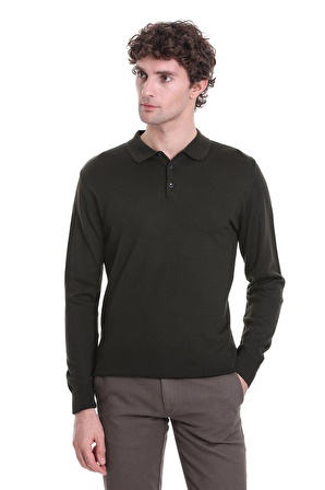 Haki Regular Fit Düz Polo Yaka Triko Kazak | M