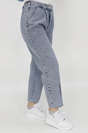 Puane Beli Lastikli Paçası Dikiş Detaylı Mom Jeans Pantolon