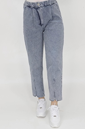 Puane Beli Lastikli Paçası Dikiş Detaylı Mom Jeans Pantolon