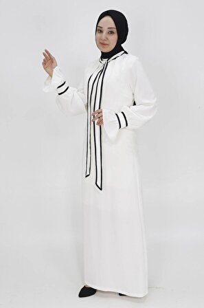 Krep Kumaş Kravat Yaka Detaylı Tesettür Elbise