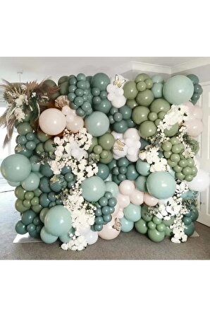 Zincir Balon Seti Adaçayı-Kış Yeşili-Okaliptus-Bej-Beyaz 5 Renk 100 Adet +Balon Şeridi 