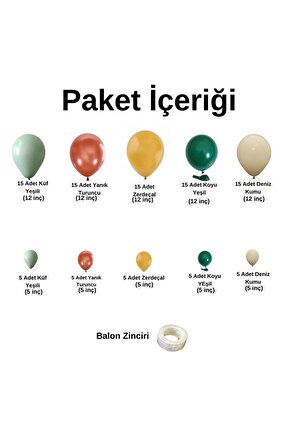 Zincir Balon Seti Küf Yeşili-Yanık Turuncu-Zerdeçal-Koyu Yeşil-Deniz Kumu 100 Adet+BalonŞeridi
