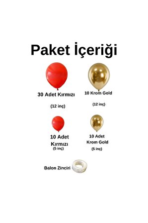 Zincir Balon Seti Kırmızı-Gold Krom 2 Renk 60 Adet +1 Adet Balon Şeridi 