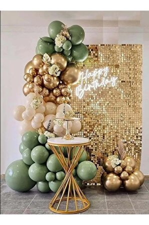 Zincir Balon Seti Küf Yeşili-Krom Gold-Deniz Kumu 3 Renk 60 Adet +Balon Şeridi 