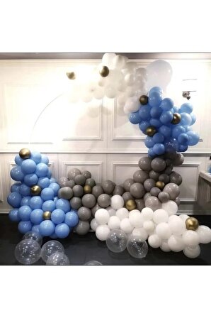 Zincir Balon Seti Pastel Mavi-Gri-Beyaz 3 Renk 100 Adet+BalonŞeridi 