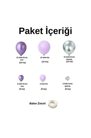 Zincir Balon Seti Krom Mor-Lila-Krom Gümüş 3 Renk 60 Adet +Balon Şeridi 