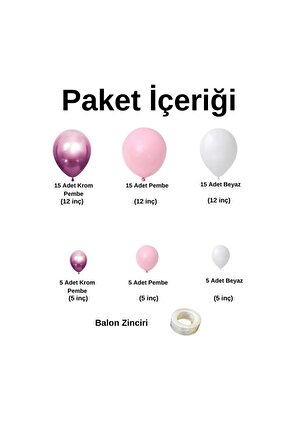Zincir Balon Seti Krom Pembe-Pembe-Beyaz 3 Renk 60 Adet +Balon Şeridi 