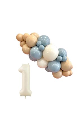 Mini Zincir Balon Seti Fırtına Mavisi-Çöl Kumu-Beyaz+1 34 inç Krem Folyo Balon 30 Adet +Balon Şeridi 