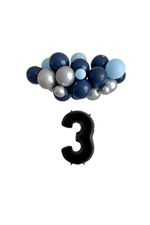 Mini Zincir Balon Seti Gece Mavisi-Krom Gümüş-Açık Mavi+3 34inç Siyah Folyo  30 Adet +Balon Şeridi 