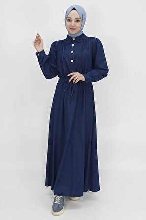 Beli Bağcıklı Ve Düğmeli Yaka Detaylı Uzun Kot Elbise 