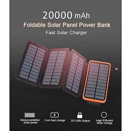 Solar Powerbank Güneş Enerjili 20000 Mah 6 Led Işık Powerbank