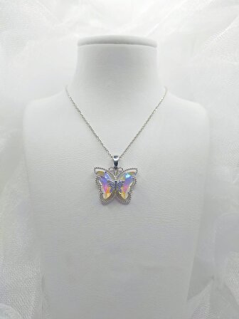 Opal Taşlı Gümüş Kelebek Kolye 925 Ayar