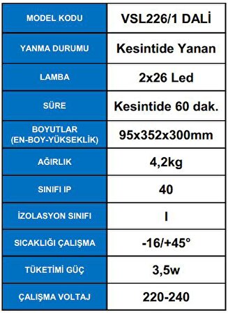 Arsel Dali Versalite Led VSL226/1 Acil Aydınlatma Armatürü Kesintide 60 Dak. Yanan 2X1000 Lümen