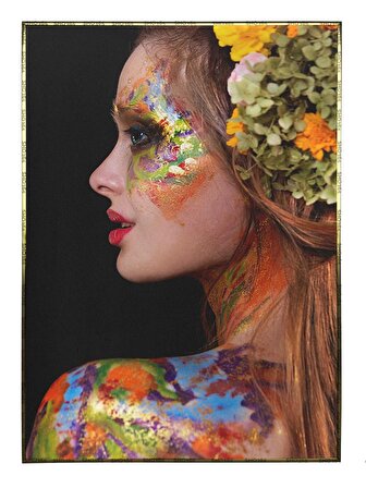 Shop365 Çiçekler ve Renkli Makyajıyla Güzel Kız Moda Güzellik Tablo Çerçeveli P-000479