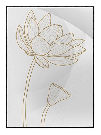 Shop365 Lotus Çiçekleri Çizim Altın Gold Renkler Modern Tablo Çerçeveli P-000804