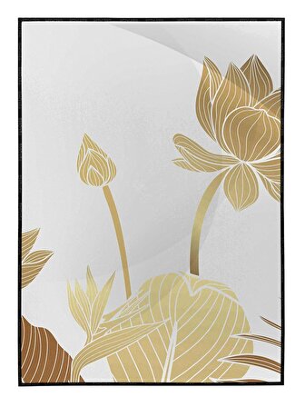 Shop365 Lotus Çiçekler ve Yaprakları Altın Gold Renkler Modern Tablo Çerçeveli P-000808