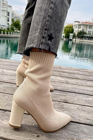 Günlük Kadın Streç Triko Kalın Yüksek Topuklu Bot Bootie Çorap Şeritli Sivri Burun Ayakkabı 167