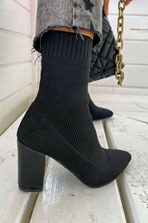 Günlük Kadın Streç Triko Kalın Yüksek Topuklu Bot Bootie Çorap Şeritli Sivri Burun Ayakkabı 167Efes
