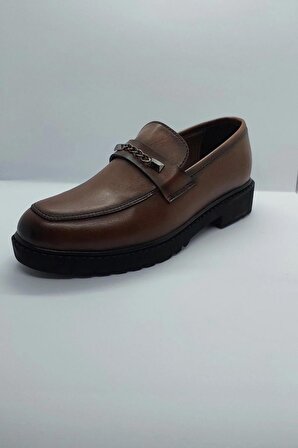 %100 El İşçiliği Rahat Taban Zincir Detaylı Kahverengi Renk İmalat Deri Klasik Kundura Ayakkabı