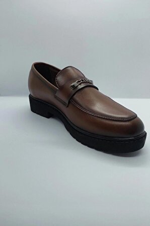 %100 El İşçiliği Rahat Taban Zincir Detaylı Kahverengi Renk İmalat Deri Klasik Kundura Ayakkabı
