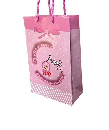 Mini Karton Çanta Pembe Hoşgeldin Bebek Logolu 25 Adet Hediyelik Çanta