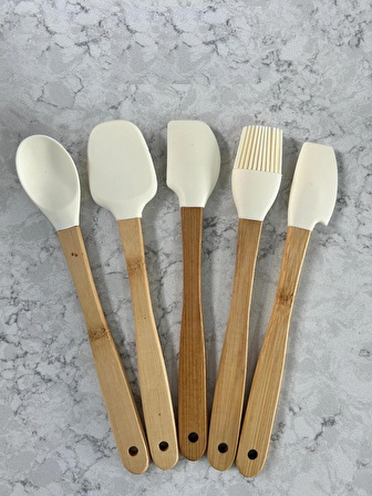 Bambu Saplı Silikon Sptalu Takımı 5 Parça Minimal Set Krem Renk