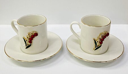 Porselen Double Kahve Fincan Takımı 2 Kişilik Çiçek Figürlü