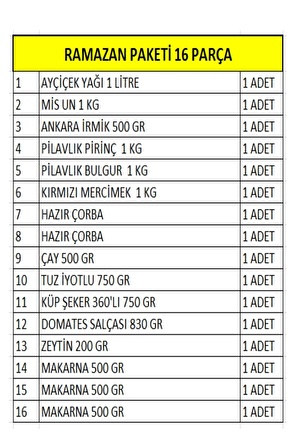 Ramazan Erzak Yardım Paketi Kumanya Kolisi 16 Parça