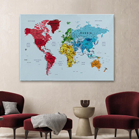 Harita Sepeti Detaylı Dünya Haritası Dekoratif Renkli Zeminli Kanvas Tablo 1700