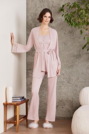 Dantelli Penye 3'lü Kadın Lohusa Pijama Takımı - 2805
