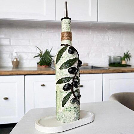 El yapımı Kabartma Seramik Uygulamalı Zeytin Dalı Desenli Cam Şişe Sirkelik-Yağdanlık, Mutfak dekor