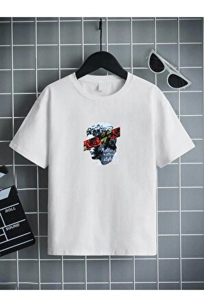Ünisex Rahat Kalıp Pamuklu Baskılı Beyaz Çocuk T-shirt