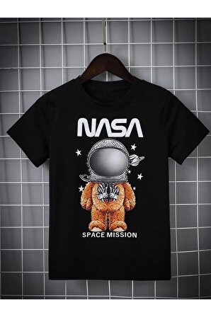 Unısex Rahat Kalıp Pamuklu Nasa-uzay Baskılı Çocuk T-shirt
