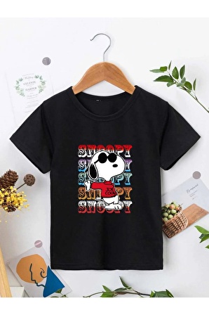 Ünisex Rahat Kalıp Pamuklu Baskılı Siyah Çocuk T-shirt