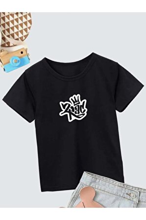 Ünisex Rahat Kalıp Pamuklu Baskılı Siyah Çocuk T-shirt